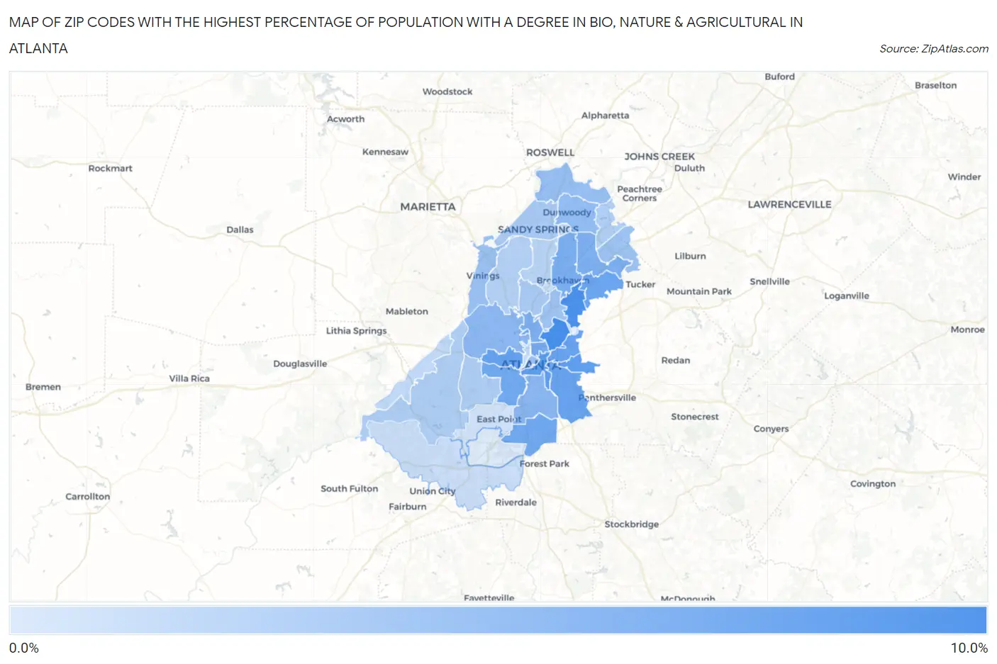 Zip Codes with the Highest Percentage of Population with a Degree in Bio, Nature & Agricultural in Atlanta Map