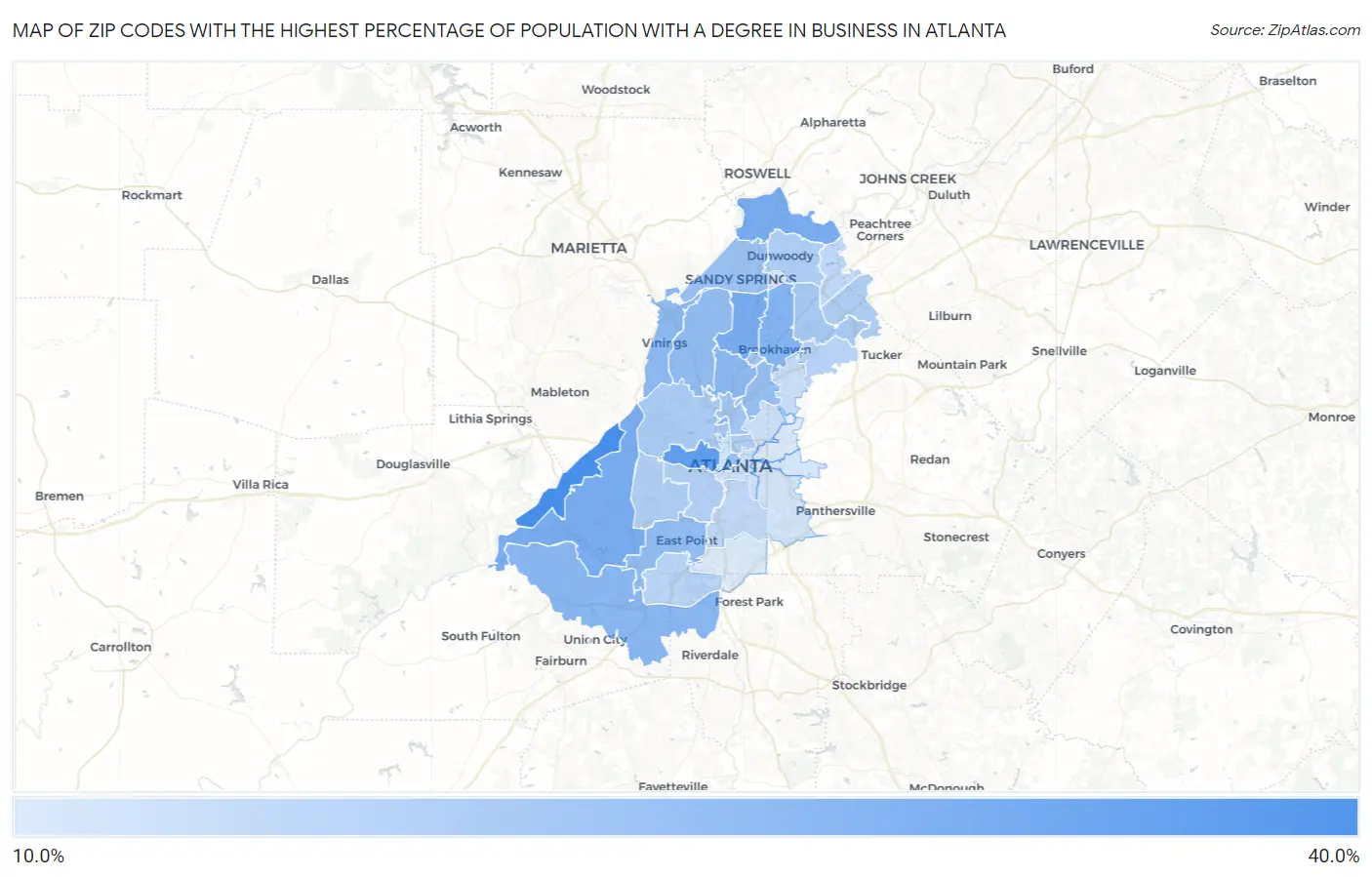 Zip Codes with the Highest Percentage of Population with a Degree in Business in Atlanta Map
