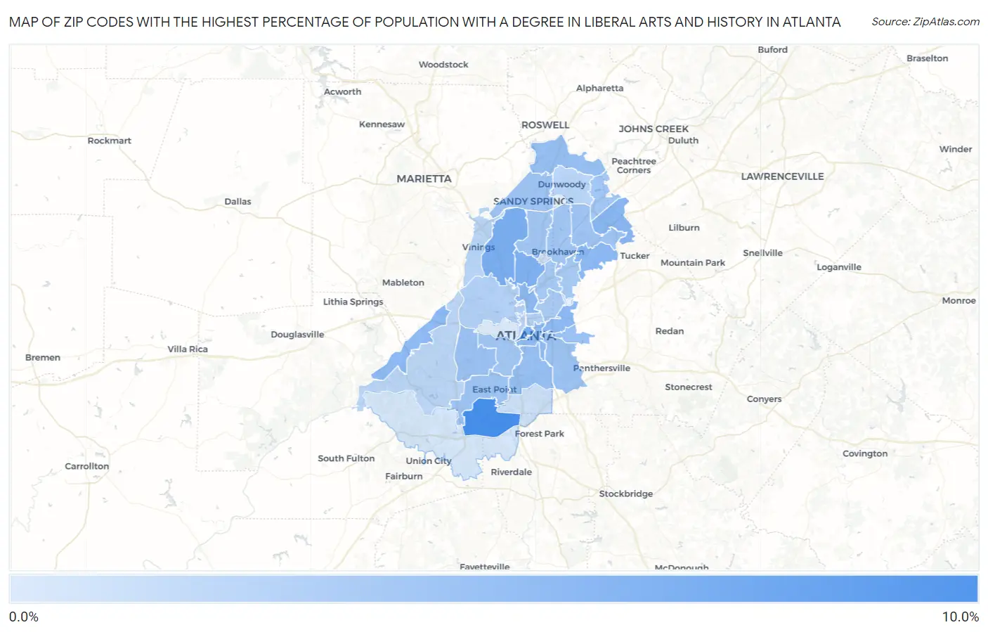 Zip Codes with the Highest Percentage of Population with a Degree in Liberal Arts and History in Atlanta Map