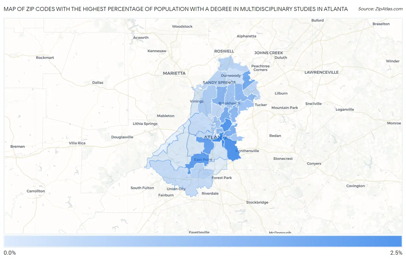 Zip Codes with the Highest Percentage of Population with a Degree in Multidisciplinary Studies in Atlanta Map