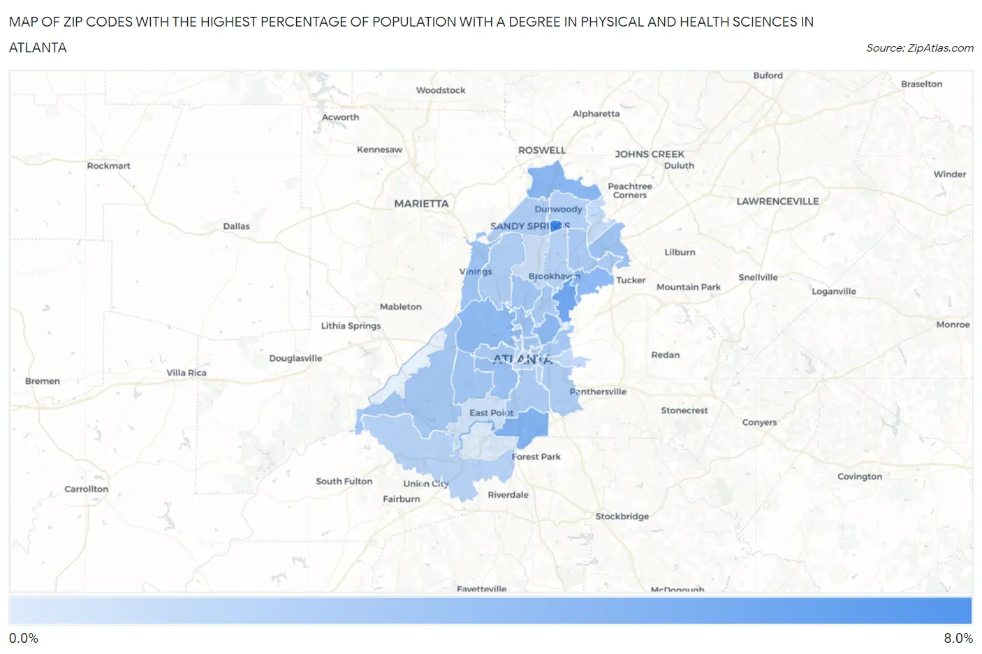 Zip Codes with the Highest Percentage of Population with a Degree in Physical and Health Sciences in Atlanta Map