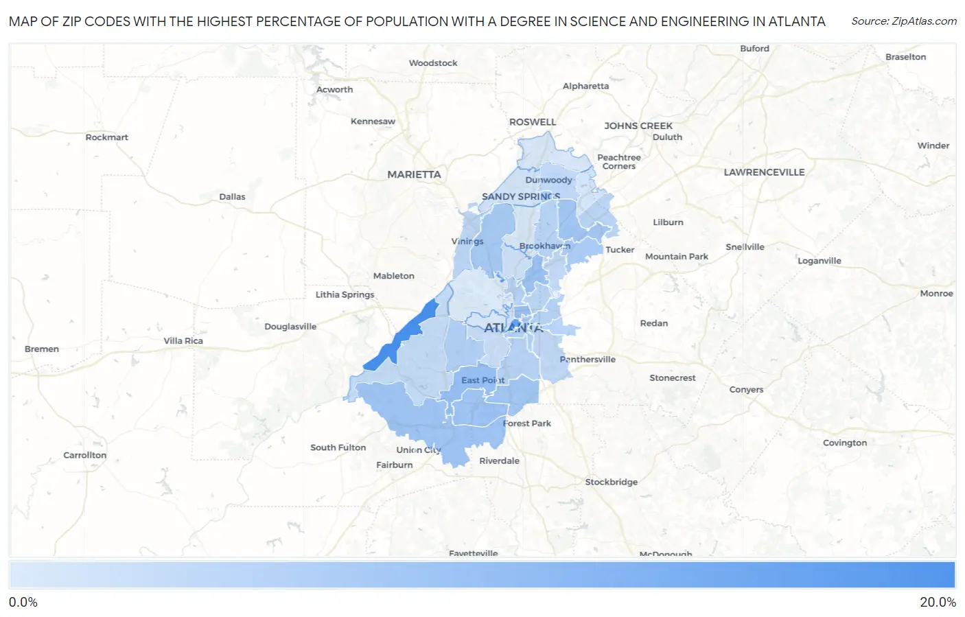 Zip Codes with the Highest Percentage of Population with a Degree in Science and Engineering in Atlanta Map
