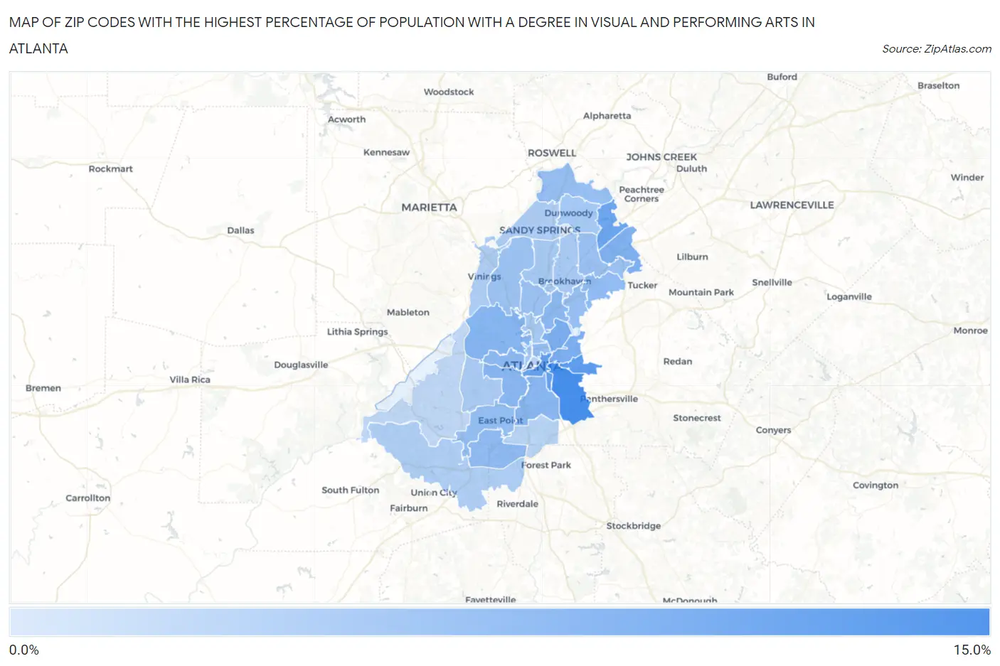 Zip Codes with the Highest Percentage of Population with a Degree in Visual and Performing Arts in Atlanta Map