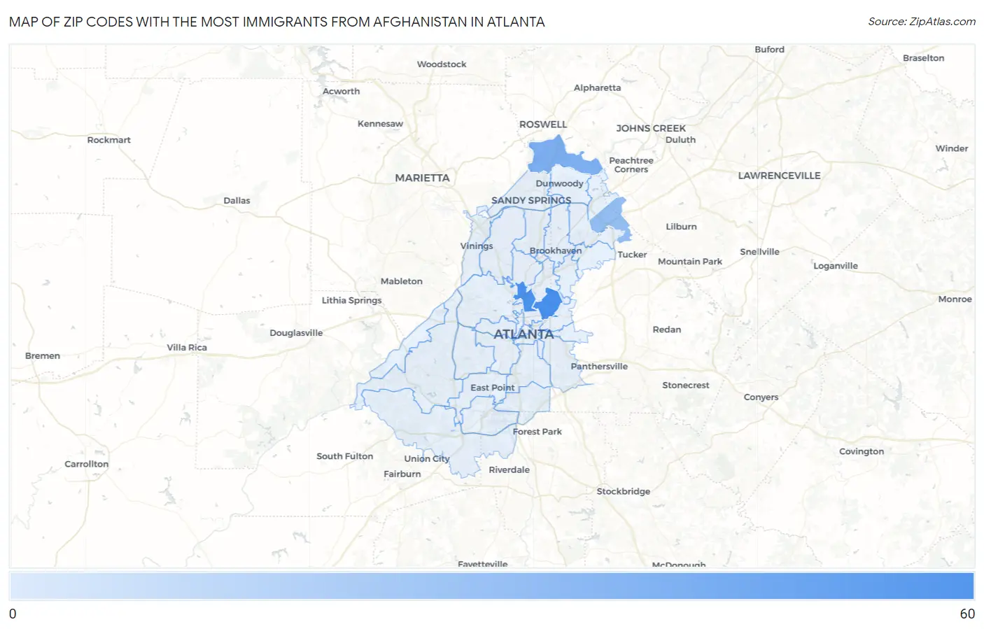 Zip Codes with the Most Immigrants from Afghanistan in Atlanta Map