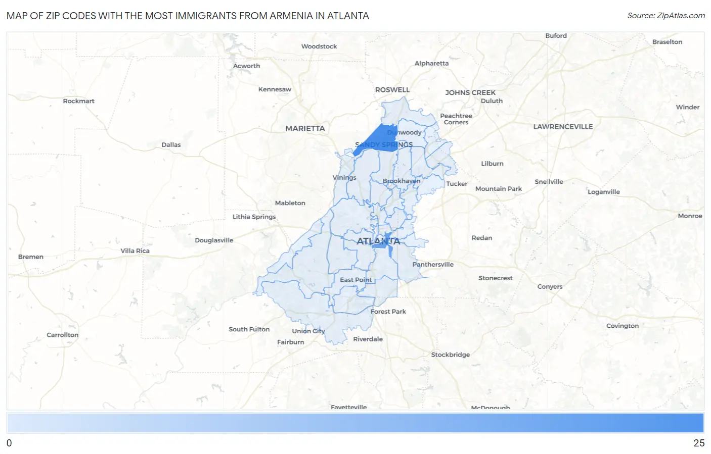 Zip Codes with the Most Immigrants from Armenia in Atlanta Map