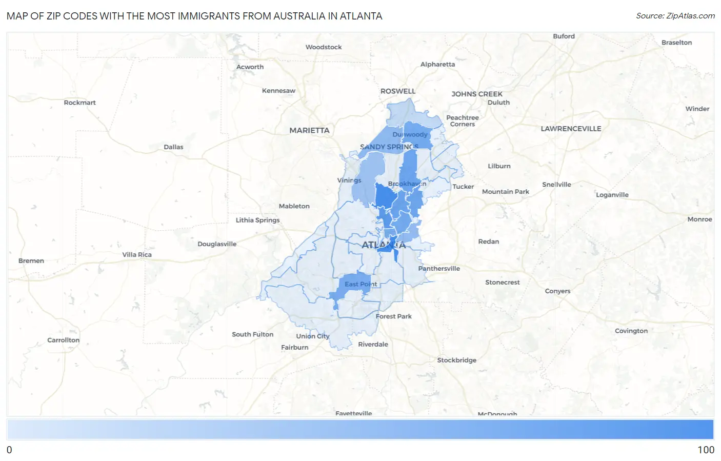 Zip Codes with the Most Immigrants from Australia in Atlanta Map