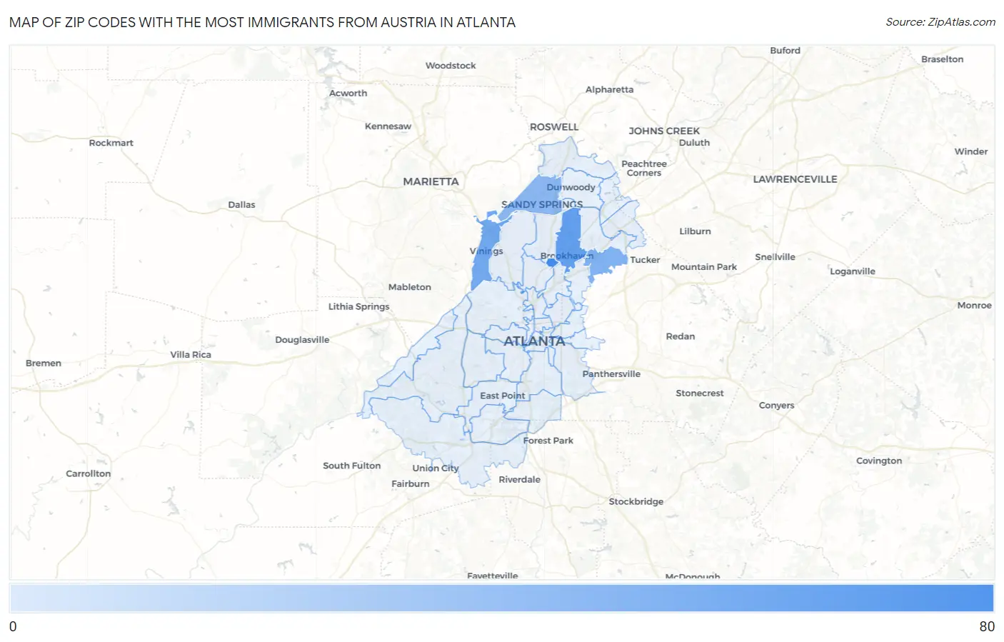 Zip Codes with the Most Immigrants from Austria in Atlanta Map