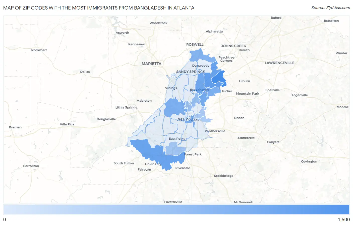 Zip Codes with the Most Immigrants from Bangladesh in Atlanta Map