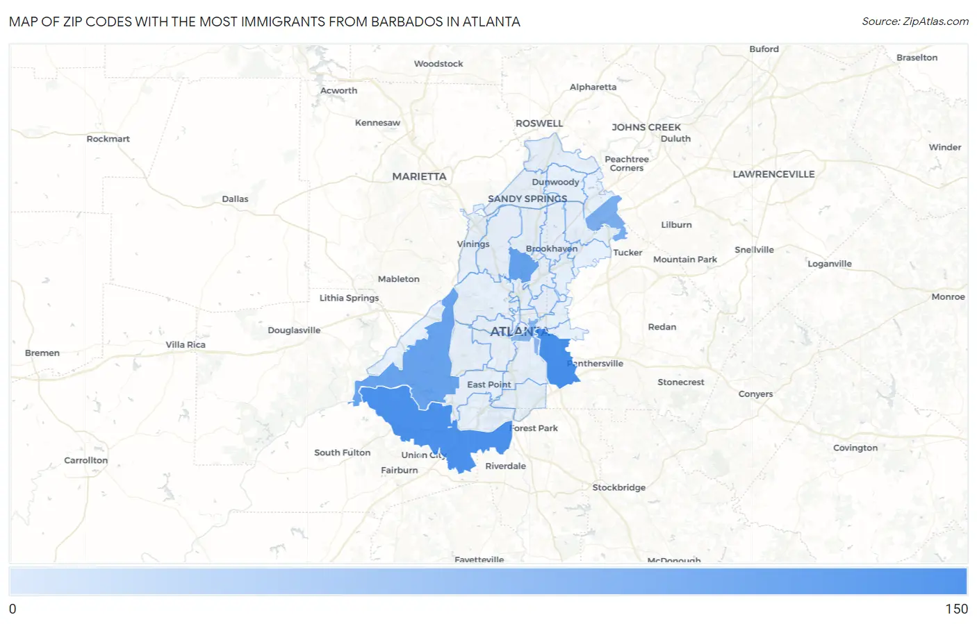 Zip Codes with the Most Immigrants from Barbados in Atlanta Map