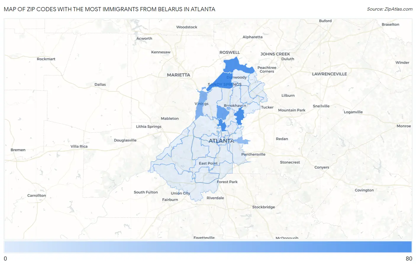 Zip Codes with the Most Immigrants from Belarus in Atlanta Map