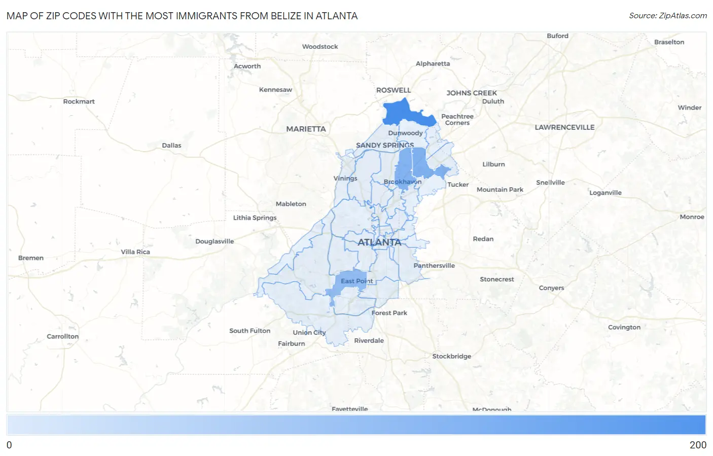 Zip Codes with the Most Immigrants from Belize in Atlanta Map