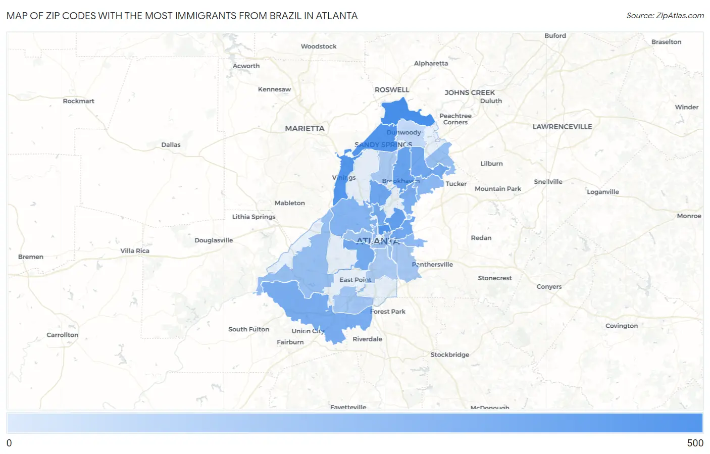 Zip Codes with the Most Immigrants from Brazil in Atlanta Map