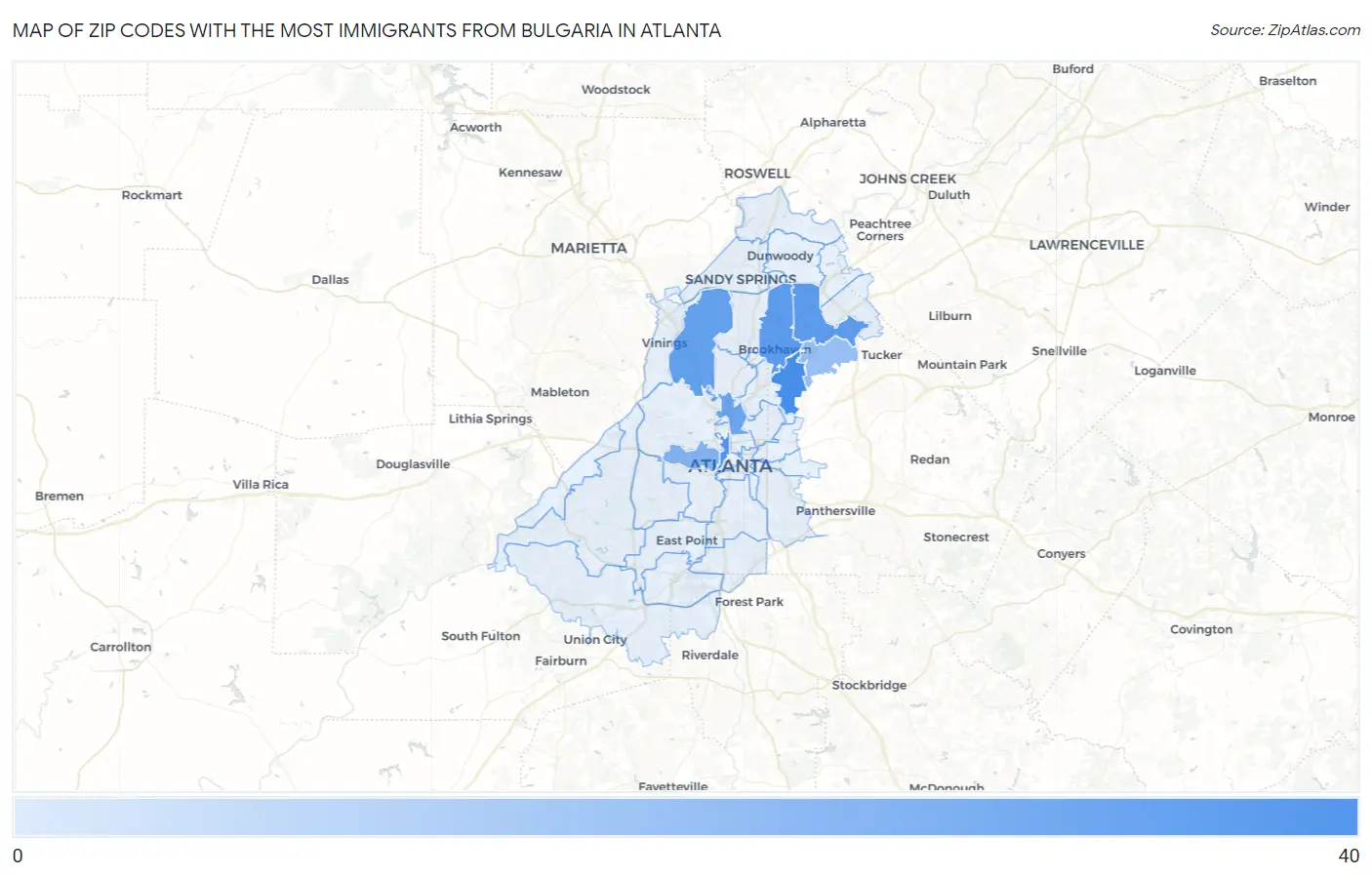 Zip Codes with the Most Immigrants from Bulgaria in Atlanta Map