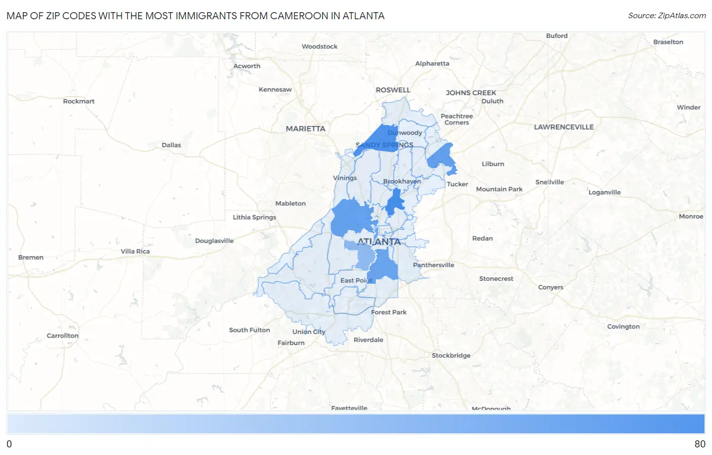 Zip Codes with the Most Immigrants from Cameroon in Atlanta Map