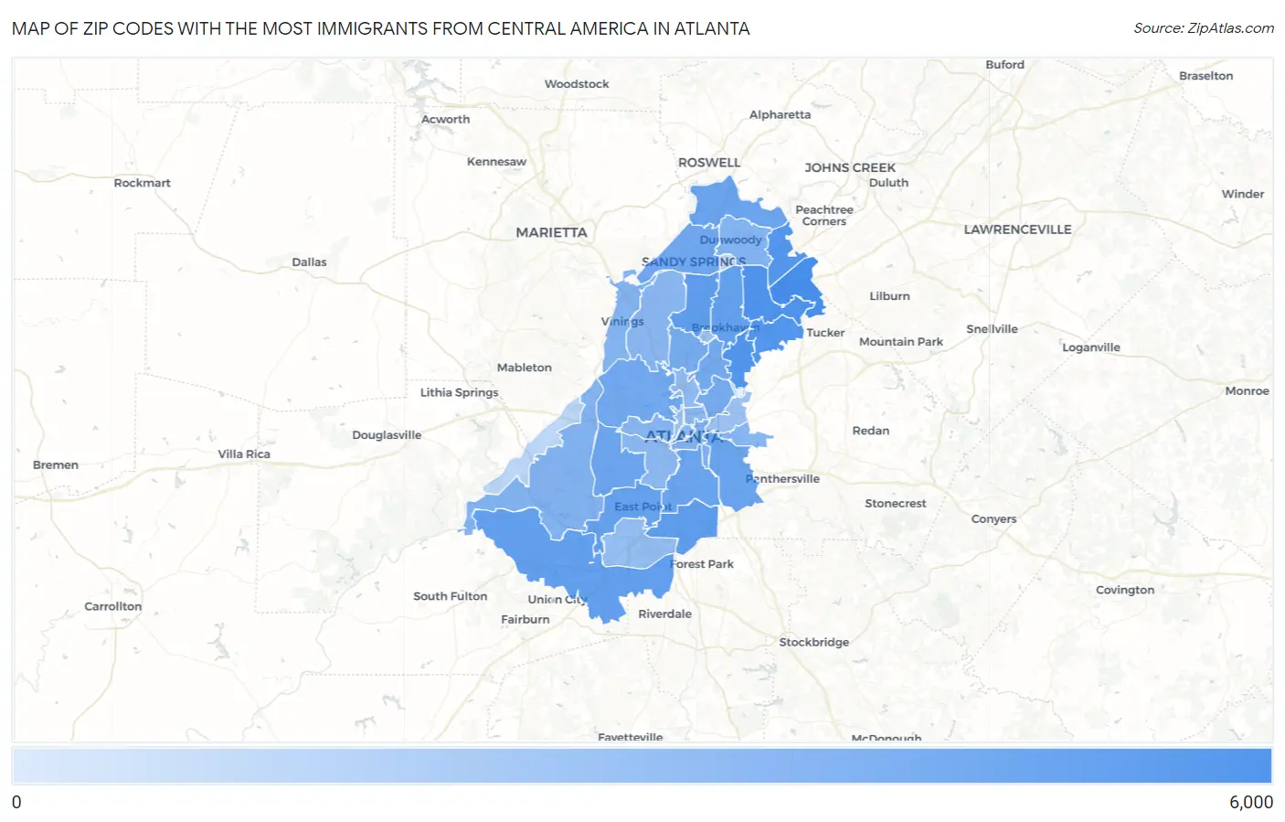 Zip Codes with the Most Immigrants from Central America in Atlanta Map