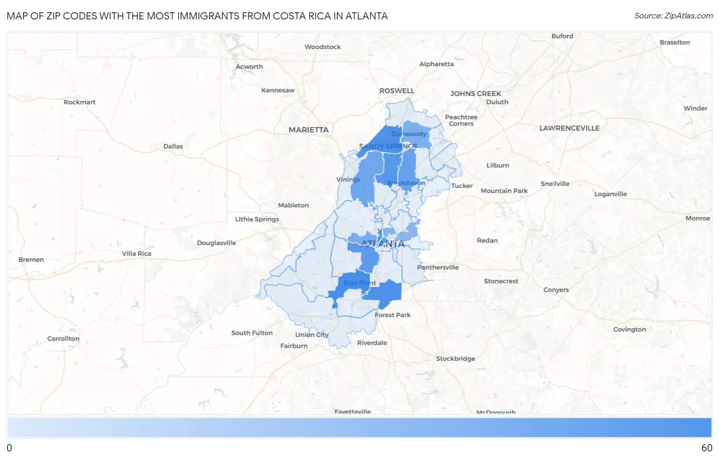 Zip Codes with the Most Immigrants from Costa Rica in Atlanta Map