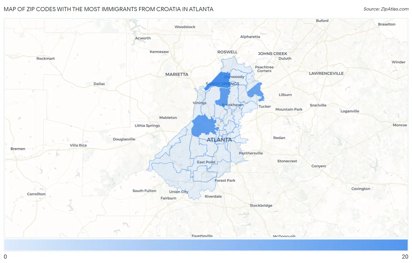 Zip Codes with the Most Immigrants from Croatia in Atlanta Map