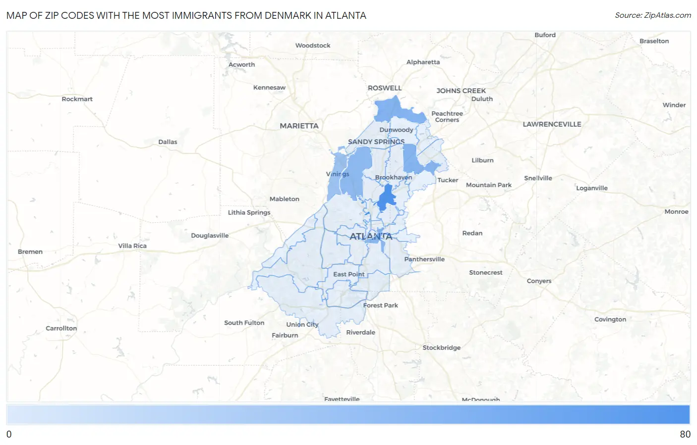 Zip Codes with the Most Immigrants from Denmark in Atlanta Map