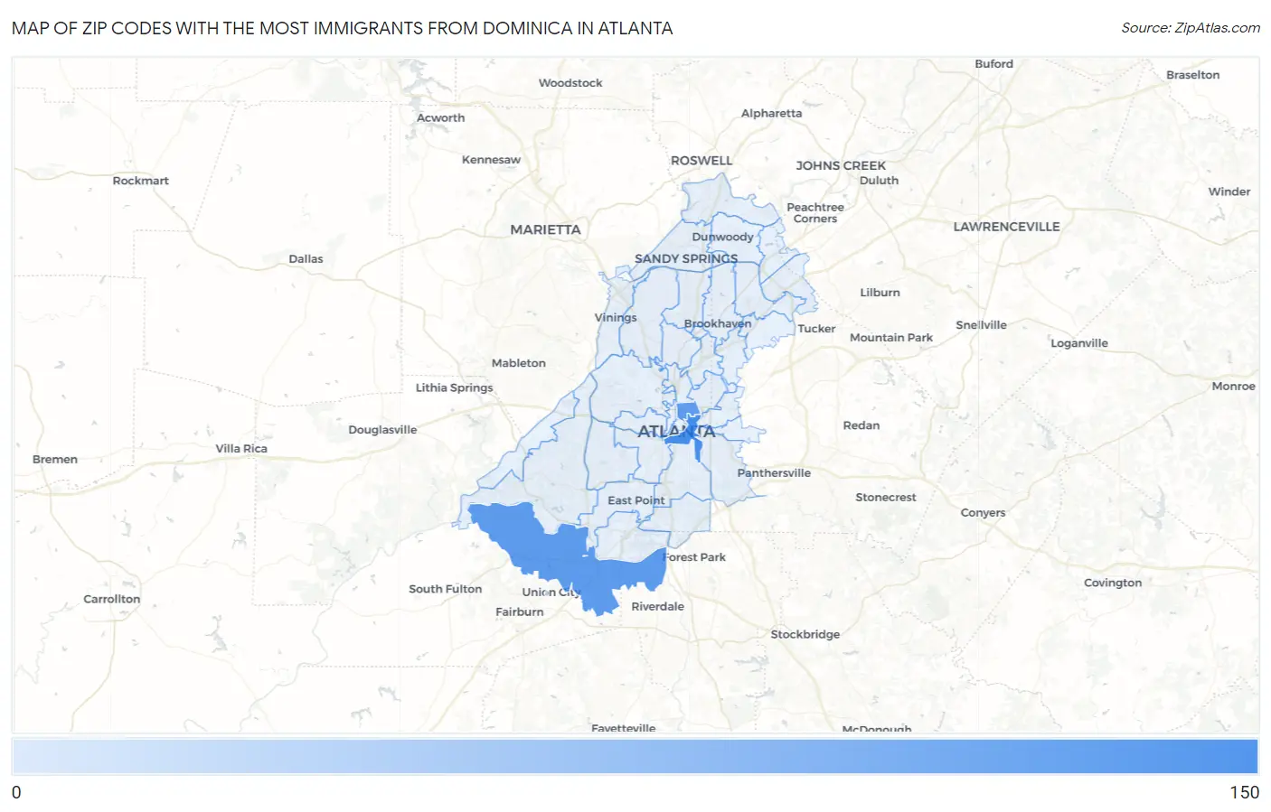 Zip Codes with the Most Immigrants from Dominica in Atlanta Map
