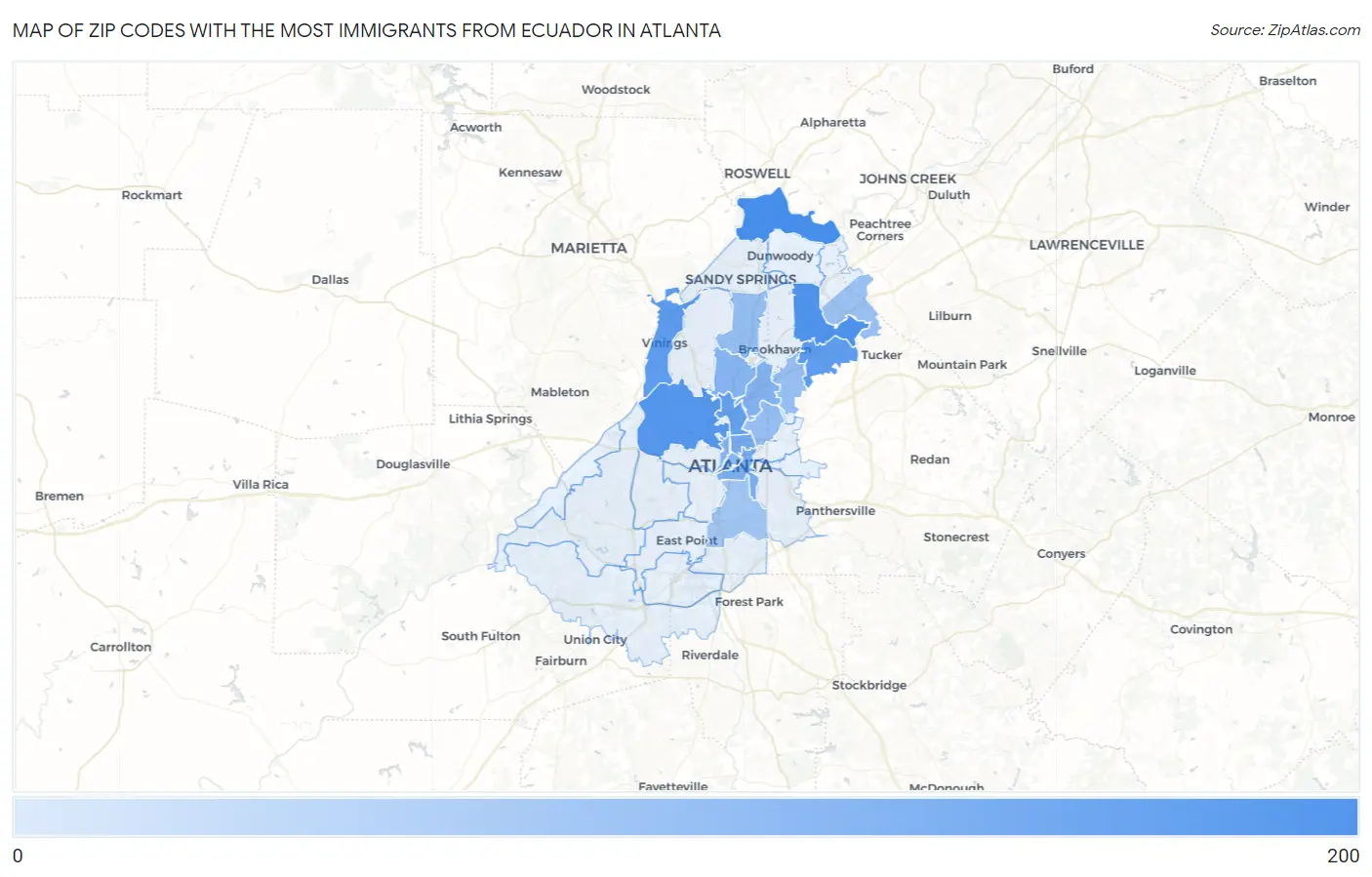 Zip Codes with the Most Immigrants from Ecuador in Atlanta Map