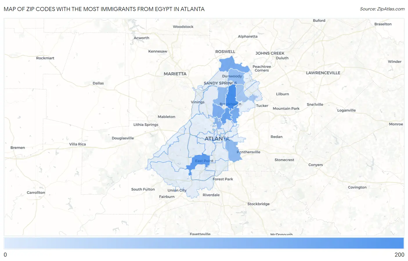 Zip Codes with the Most Immigrants from Egypt in Atlanta Map