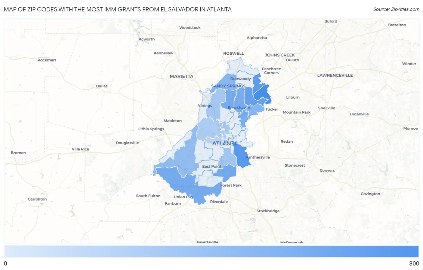Zip Codes with the Most Immigrants from El Salvador in Atlanta Map
