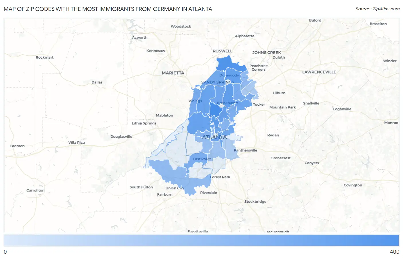 Zip Codes with the Most Immigrants from Germany in Atlanta Map
