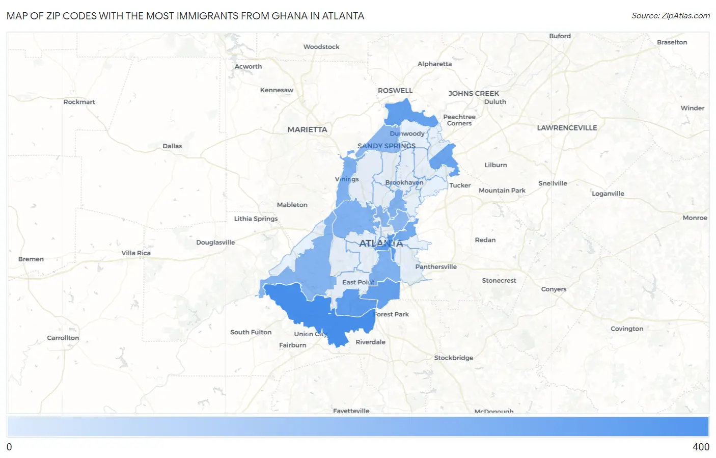 Zip Codes with the Most Immigrants from Ghana in Atlanta Map