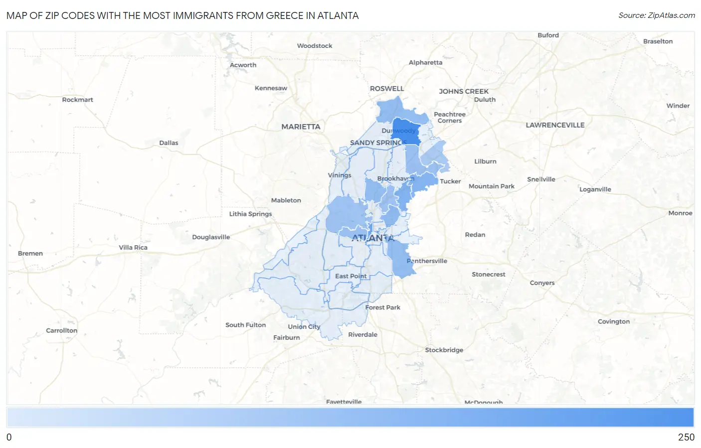 Zip Codes with the Most Immigrants from Greece in Atlanta Map