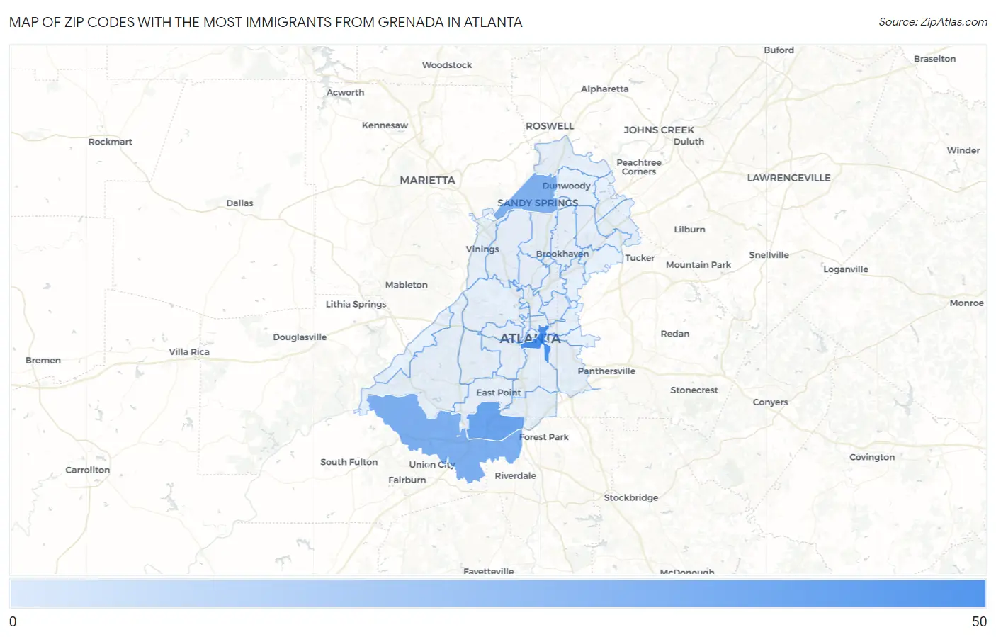 Zip Codes with the Most Immigrants from Grenada in Atlanta Map