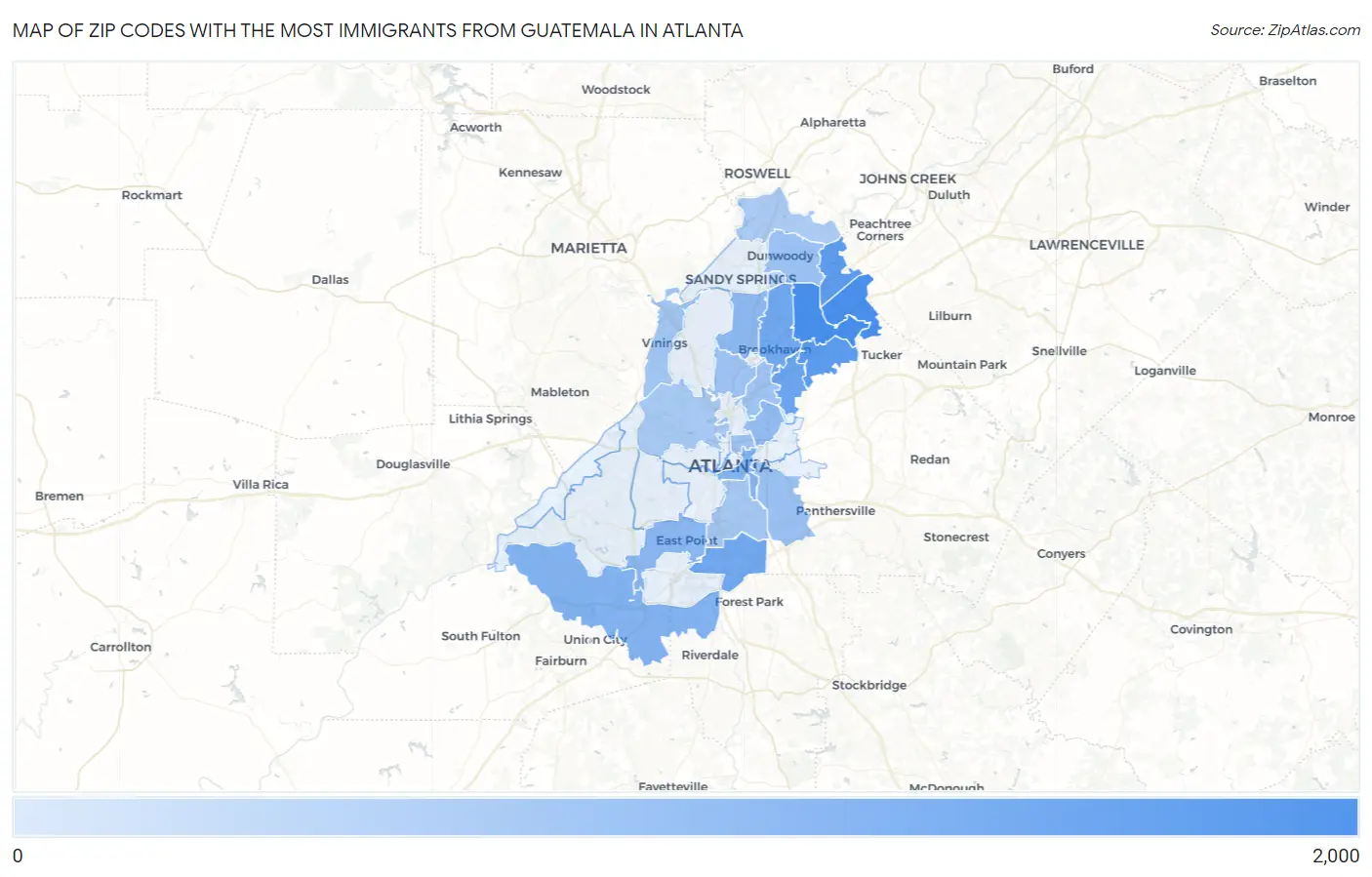 Zip Codes with the Most Immigrants from Guatemala in Atlanta Map