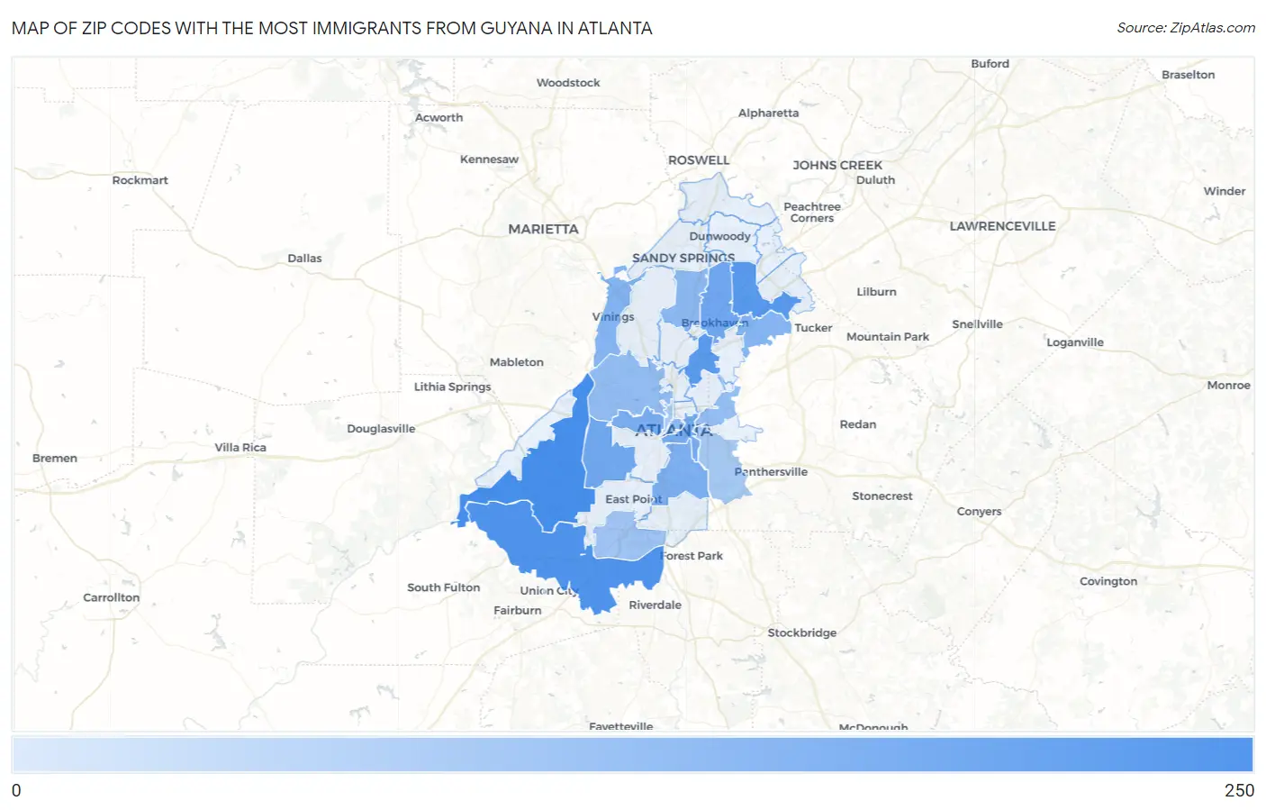 Zip Codes with the Most Immigrants from Guyana in Atlanta Map