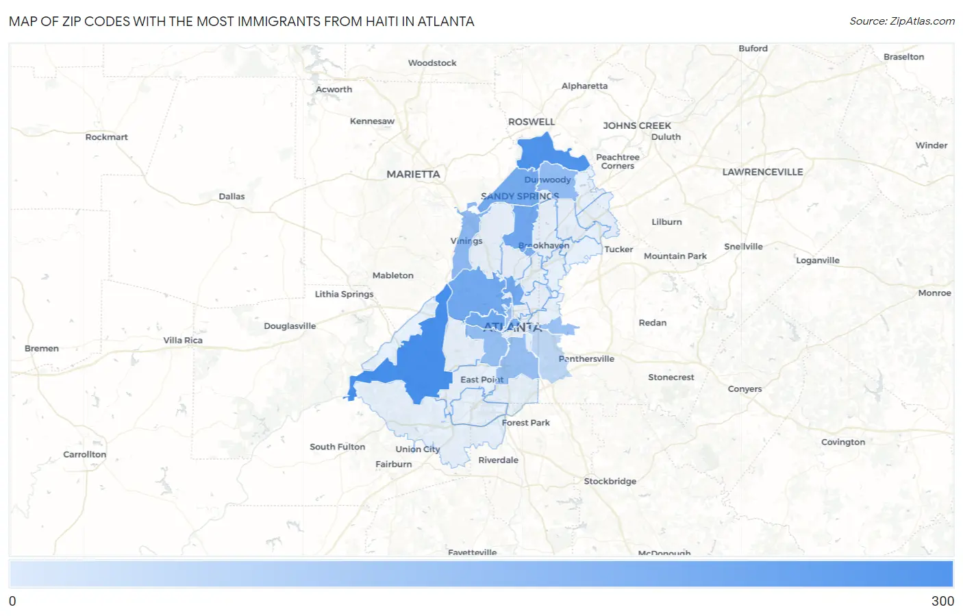 Zip Codes with the Most Immigrants from Haiti in Atlanta Map