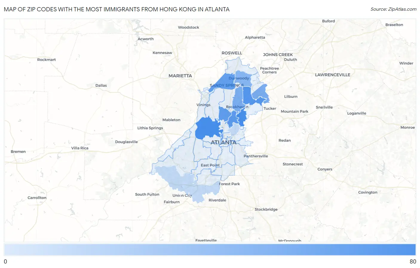 Zip Codes with the Most Immigrants from Hong Kong in Atlanta Map