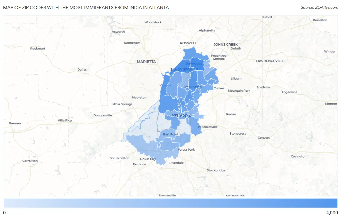 Zip Codes with the Most Immigrants from India in Atlanta Map