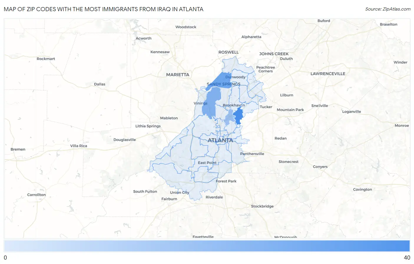 Zip Codes with the Most Immigrants from Iraq in Atlanta Map
