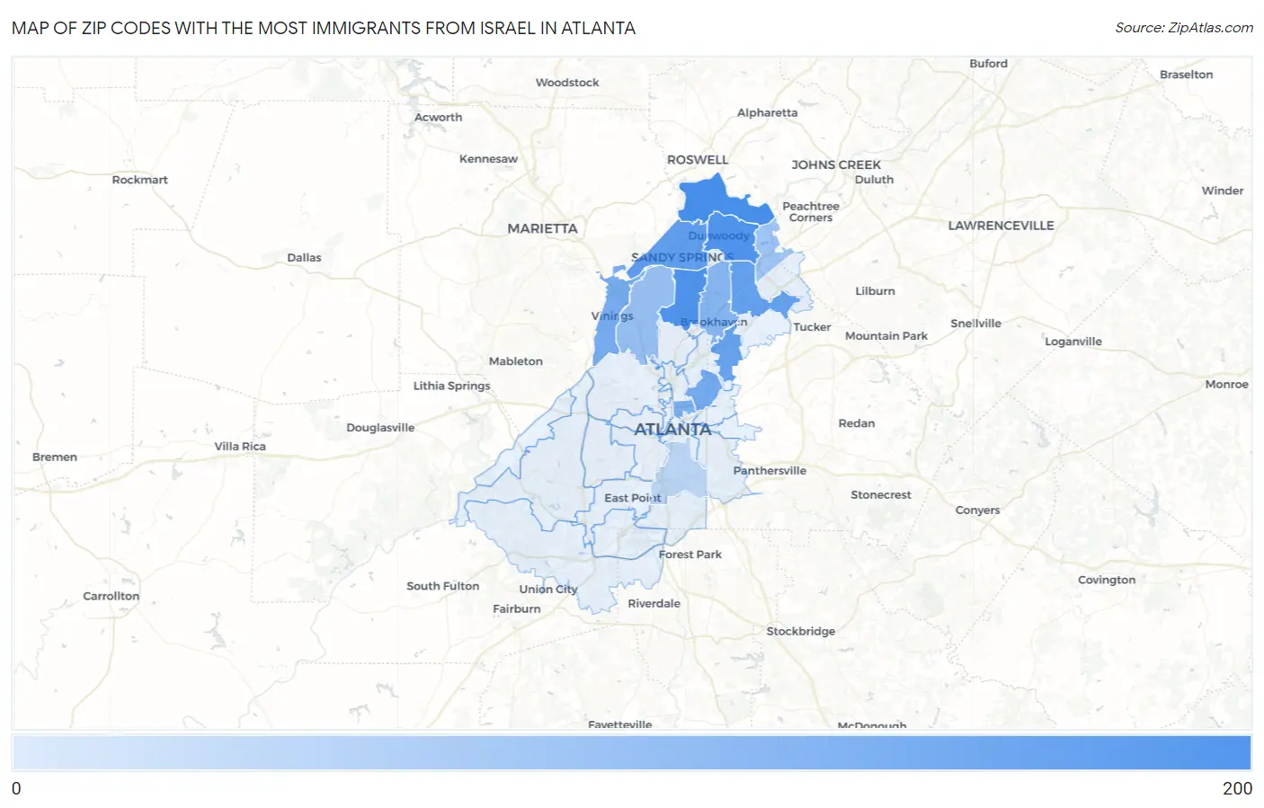 Zip Codes with the Most Immigrants from Israel in Atlanta Map