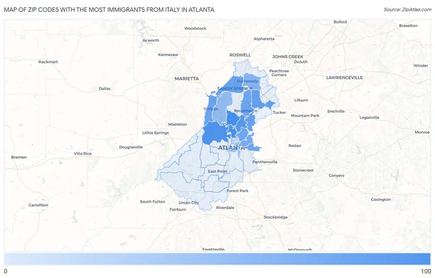 Zip Codes with the Most Immigrants from Italy in Atlanta Map