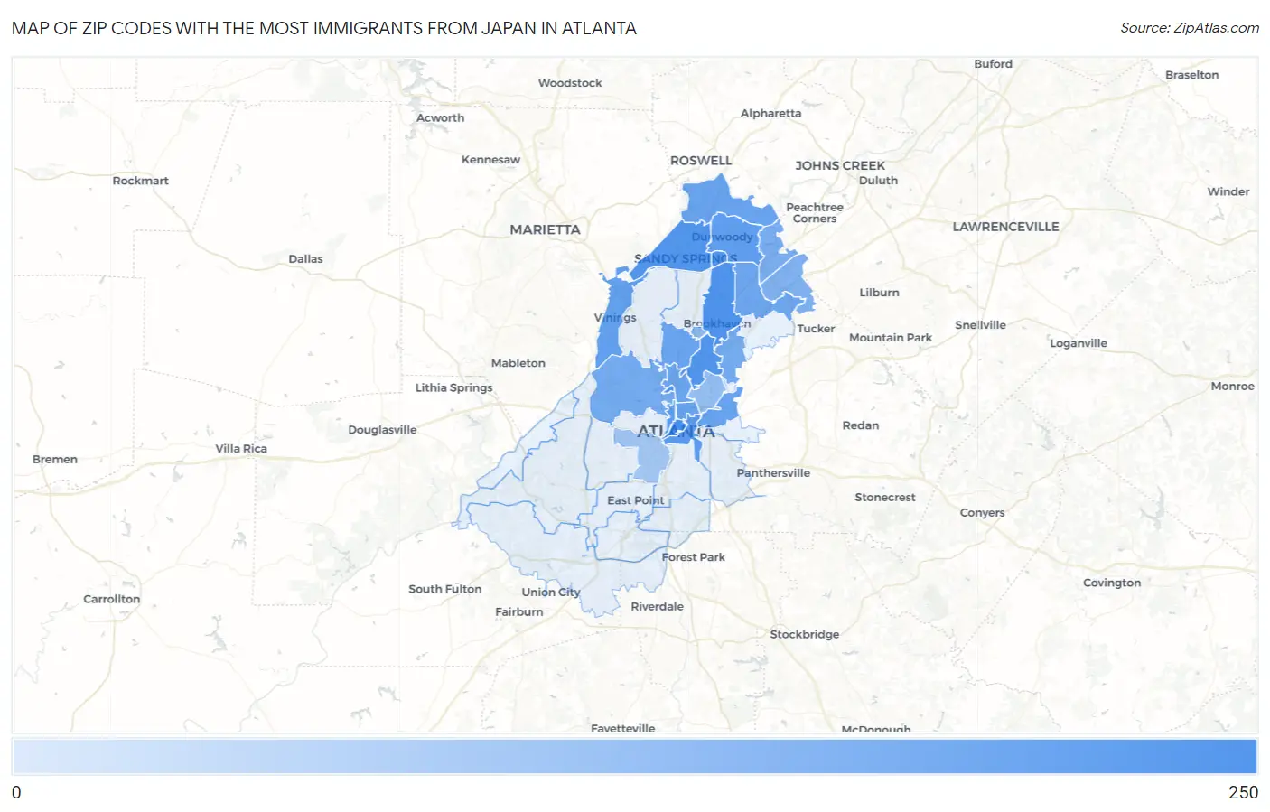 Zip Codes with the Most Immigrants from Japan in Atlanta Map