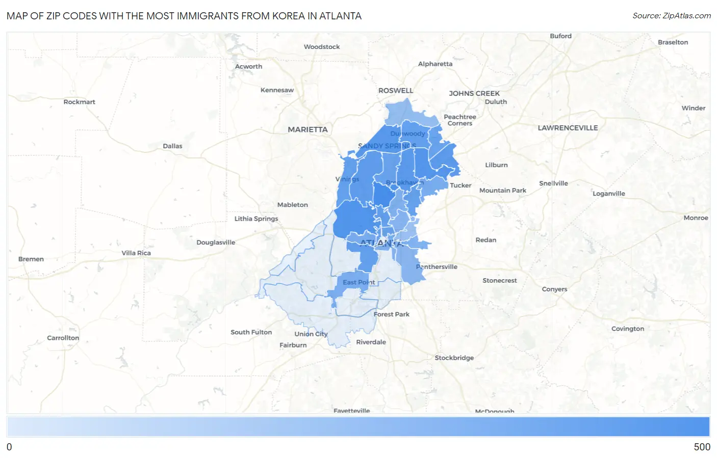 Zip Codes with the Most Immigrants from Korea in Atlanta Map