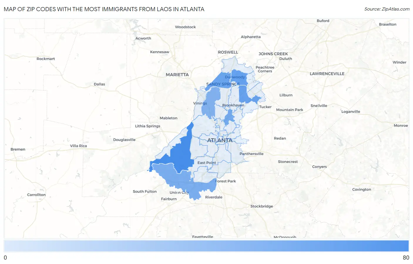 Zip Codes with the Most Immigrants from Laos in Atlanta Map