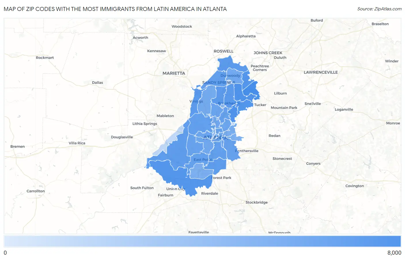Zip Codes with the Most Immigrants from Latin America in Atlanta Map