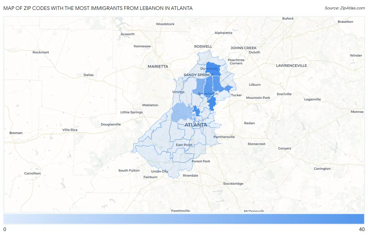 Zip Codes with the Most Immigrants from Lebanon in Atlanta Map