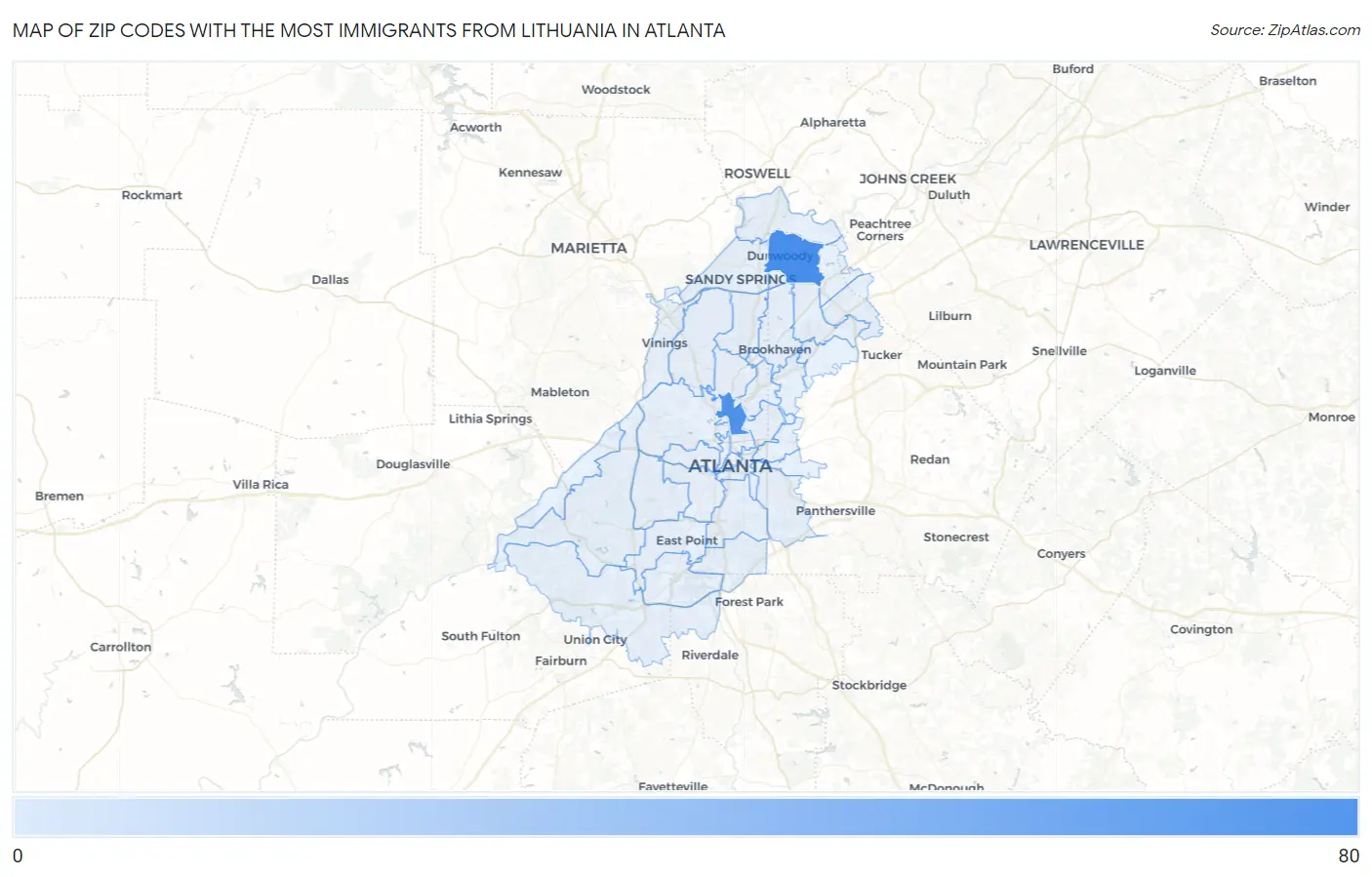 Zip Codes with the Most Immigrants from Lithuania in Atlanta Map