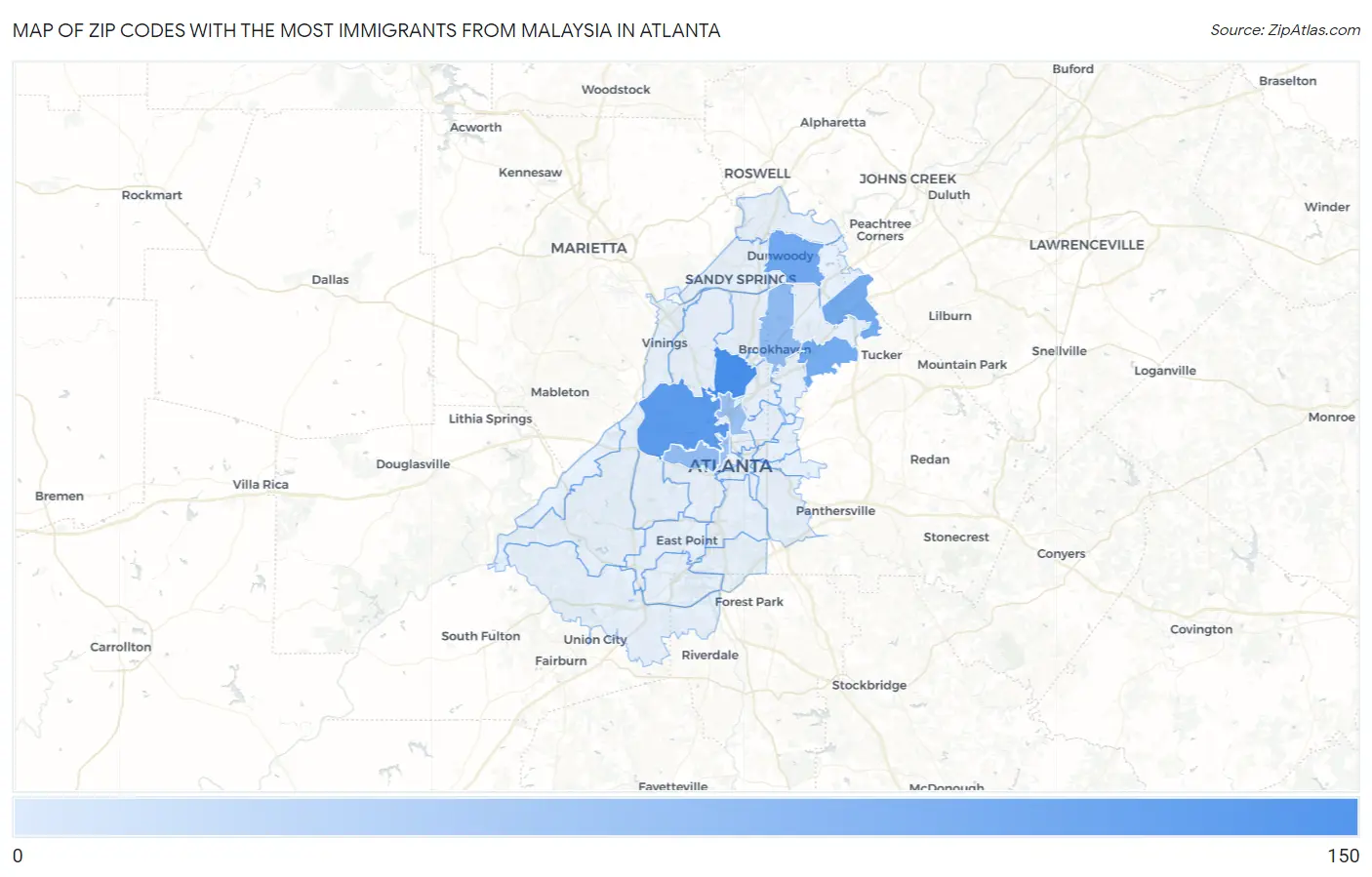 Zip Codes with the Most Immigrants from Malaysia in Atlanta Map