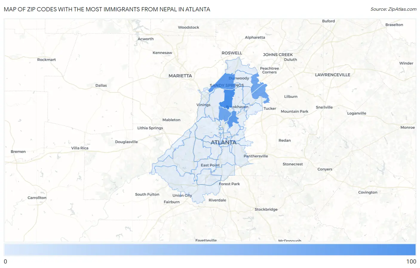 Zip Codes with the Most Immigrants from Nepal in Atlanta Map
