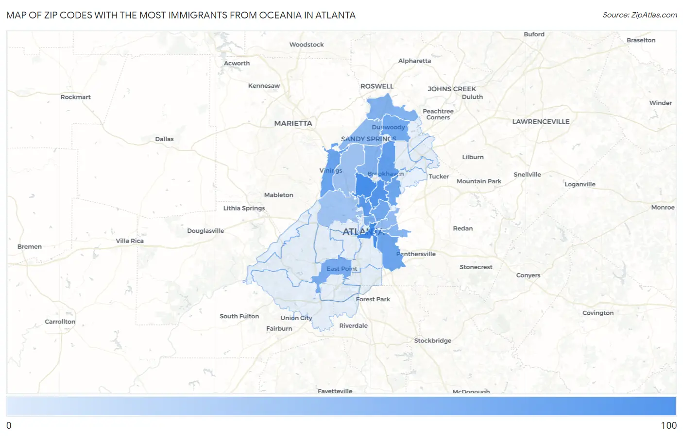 Zip Codes with the Most Immigrants from Oceania in Atlanta Map
