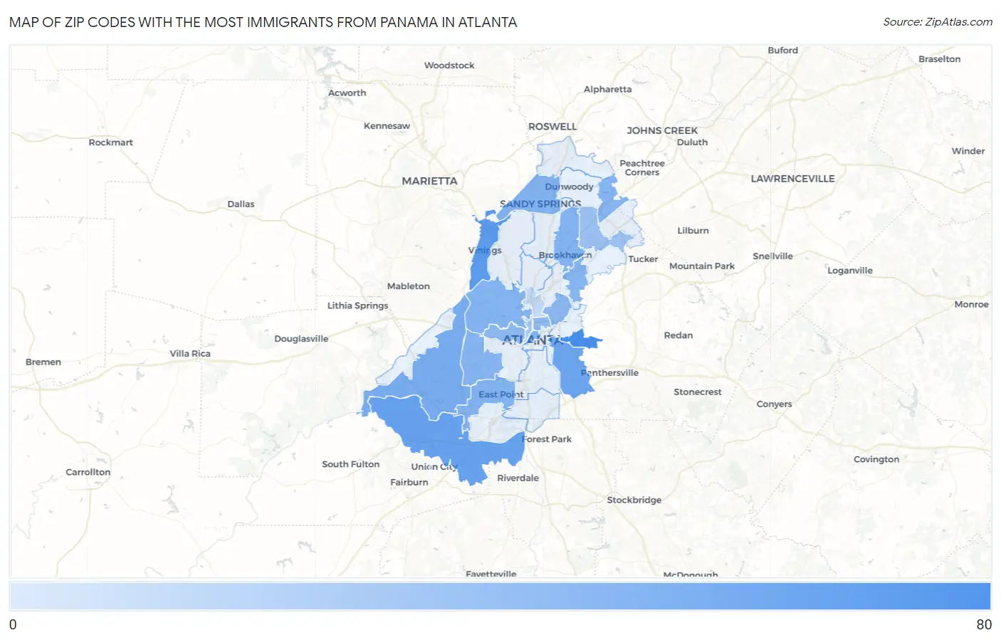 Zip Codes with the Most Immigrants from Panama in Atlanta Map