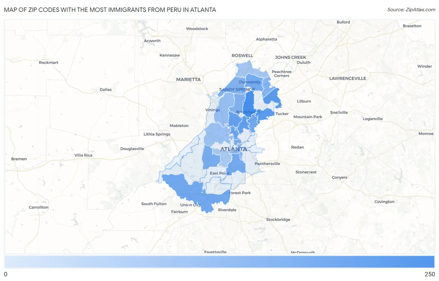 Zip Codes with the Most Immigrants from Peru in Atlanta Map