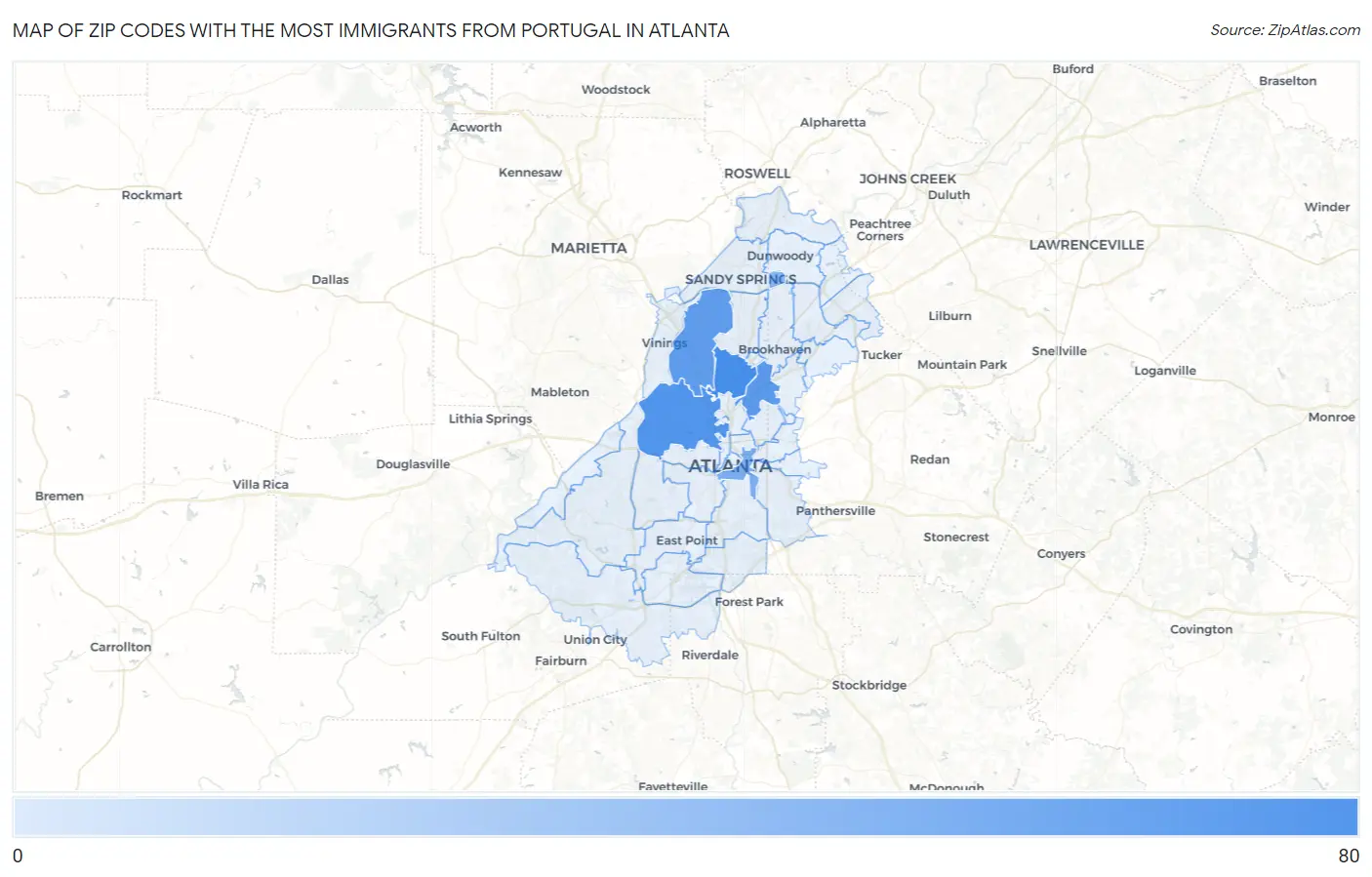 Zip Codes with the Most Immigrants from Portugal in Atlanta Map